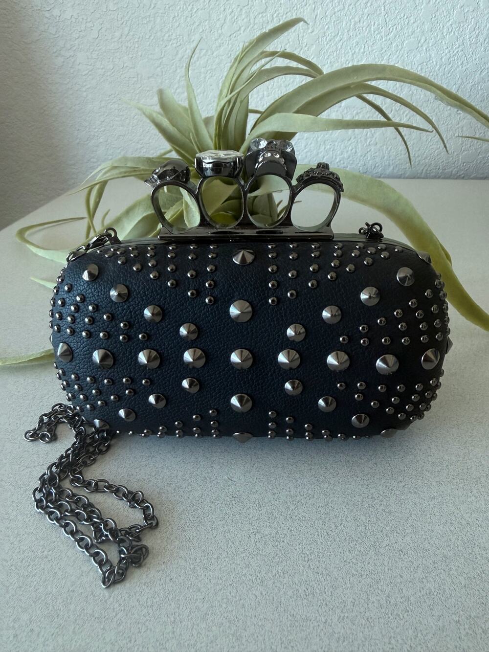 Black Skull Studded Clutch Evening Bag Rhinestone Knuckle Ring Chain Crossbody